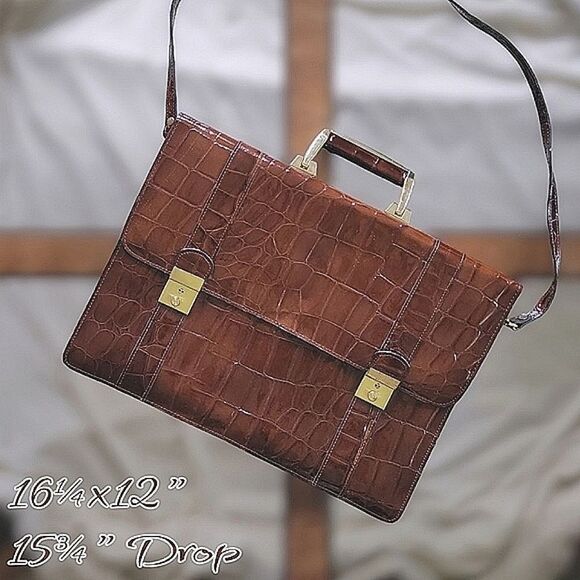 Vtg 80s chestnut croc embossed patent leather shoulder satchel - Picture 1 of 15